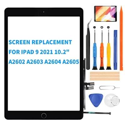 Abbildung von Ersatzdisplay Kompatibel für iPad 9 (9. Generation) 10.2 2021 Touch Glas Panel Digitizer Modell A2602 A2603 A2604 A2605 Reparaturset + Home Button mit Displayschutz +Werkzeug (schwarz)