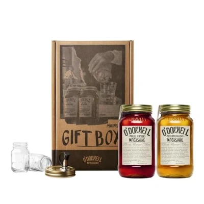 Abbildung von 2er Likör Geschenkbox O&#039;Donnell Moonshine Premium Schnaps nach amerikanischer Tradition vegan Geschenkset natürliche Zutaten Geschenkidee (Pralle Kirsche/Passionsfrucht)
