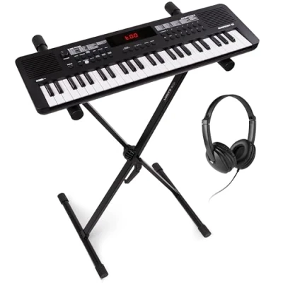 Abbildung von MAX Rhapsody49 Midi Keyboard Piano für Anfänger, 49 Tasten Kinder mit Ständer und Kopfhörer, LED Display, 80 Demo Songs, Lern Funktion, 300 Klangarten Rhythmen, E USB C