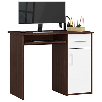 Abbildung von AKORD PC Schreibtisch PIN mit Tastaturablage Klein Schubladen Computertisch Bürotisch 1 Schublade, Ablagefach Tür, B90 x H74 T50 cm, 29 kg Wenge &amp; Weiß Front