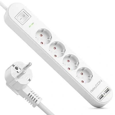 Abbildung von deleyCON 5m 4 Fach Steckdosenleiste mit USB Stromleiste 4X Schutzkontaktbuchsen 2X A Ladebuchse für z.B. Handy &amp; Tablet Überspannungsschutz EIN/AUS Schalter Weiß
