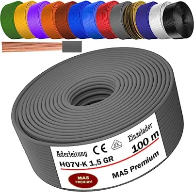 Abbildung von MAS Premium Von 5 bis 100m Aderleitung H07 V K 1x1,5 mm² SW, HBL, GNGE, GN, RT, DBL, BR, OR, GR, WS, VIO, U MAR.BL oder GE Einzelader flexibel (Grau, 100m)