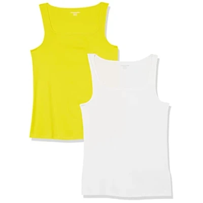 Abbildung von Amazon Essentials Damen Tanktop mit schmaler Passform und quadratischem Ausschnitt, 2er Pack, Weiß/Zitronengelb, XS