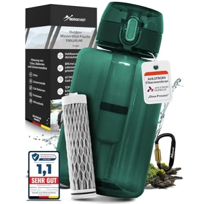 Abbildung von BERGKVIST® Outdoor Wasserfilter Flasche FJÄLLKLAR (1l) 1 Liter Trinkflasche mit Filter von AHLSTROM® für sauberes Trinkwasser beim Campen, Wandern &amp; Survival Abenteuer Grün