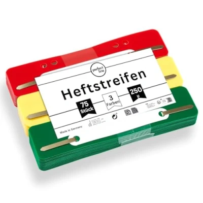 Abbildung von perfect line 75 Heftstreifen (3x25 Stk.), recycelbarer Kunststoff, 3 Farben (Grün, Gelb, Rot), Made in Germany