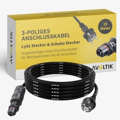 Abbildung von Avoltik 3 poliges Wechselrichter Anschlusskabel 15m I Robustes Kabel mit Ly01 Stecker &amp; Schuko doppelseitiges Solar für AC Anschluss Buchse