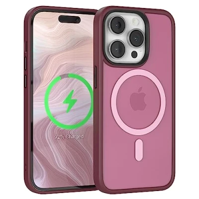 Abbildung von EAZY Case Schutzhülle matt iPhone 14 Pro kompatibel mit MagSafe kabellosem Laden, Magnetische Adsorption, Sturzschutz, Phone Case, Hülle Magnet, Stoßfest Cover in Beere/Transluzent