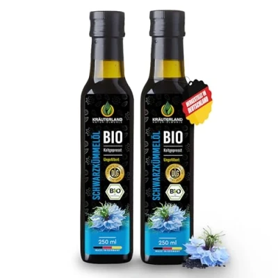 Abbildung von Kräuterland Bio Schwarzkümmelöl 2x250ml (500ml), ungefiltert, schonend kaltgepresst reich an THYMOQUINON Frischegarantie: täglich mühlenfrisch direkt von unserer hessischen Ölmühle