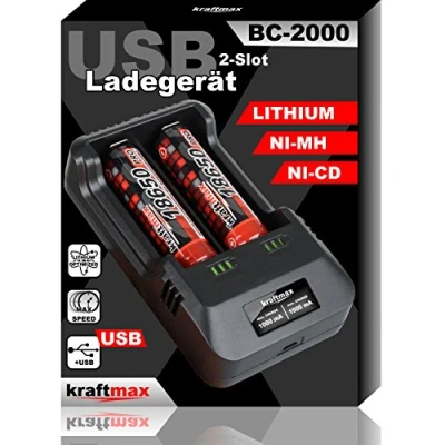 Abbildung von kraftmax BC 2000 USB Akku Ladegerät für 18650, CR123, 3,7V Lithium, AA, AAA NIMH Batterie (1 tlg)