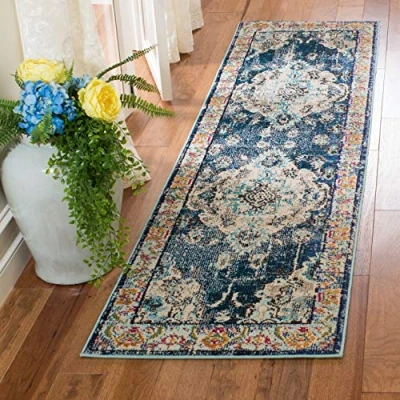 Abbildung von SAFAVIEH Boho Teppich für Wohnzimmer, Esszimmer, Schlafzimmer Monaco Collection, Kurzer Flor, Marineblau und Hellblau, 66 X 244 cm