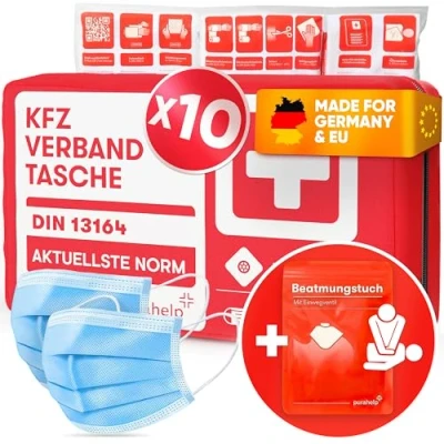 Abbildung von PURAHELP 10x KFZ Verbandstasche nach aktueller Norm 2025 DIN 13164 (StVO konform) Inkl. Beatmungstuch Erste Hilfe Set Auto Verbandskasten