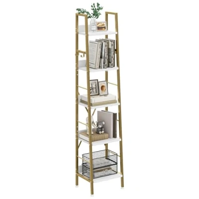 Abbildung von YITAHOME Bücherregal mit 5 Ebenen, industrielles Leiterregal, freistehendes Bücherregal, Holzregale und Metallrahmen, modernes Regal für Wohnzimmer, Flur, Büro, Goldenes
