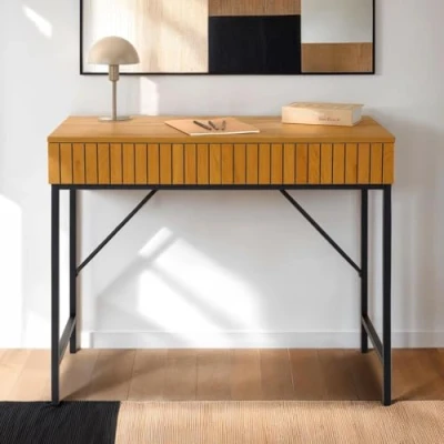 Abbildung von IDIMEX Schreibtisch Pale mit 2 Schubladen in Wildeiche Dekor Bürotisch Holzoptik Rillendesign, Konsole aus MDF Metallgestell schwarz matt, Modernes Design, PC Tisch