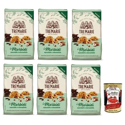 Abbildung von 6x Tre Marie Biscotti i Morbidi Nocciole e Cioccolato,Kekse mit Schokoladentropfen und knackigen Haselnusskörnern 300g + Italian Gourmet Polpa di Pomodoro 400g Dose