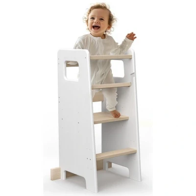 Abbildung von CADANI Stehhilfe Lernturm Jasper Küchenhelfer für Kinder Weiß (mit Anti Kipp Schutz), ab 1. Jahr Massivholz bis 50 kg belastbar Höhenverstellbar Made in EU