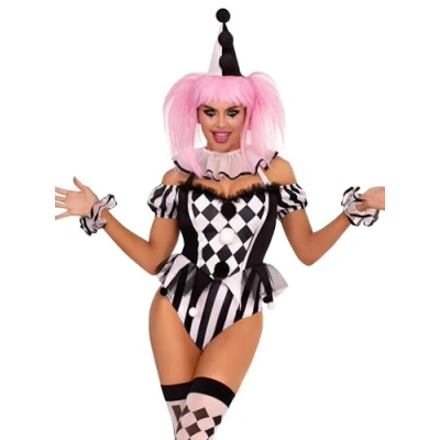 Abbildung von LEG AVENUE French Clown Bodysuit Damen Kostüm, M (Schwarz Weiss)