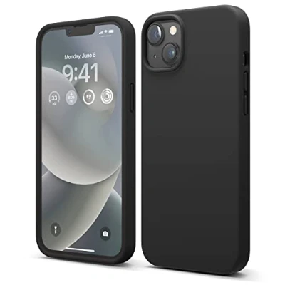 Abbildung von elago Flüssigsilikon Handyhülle, kompatibel mit iPhone 14 Plus, Kompletthülle Bildschirm und Kamera Schutz, Stoßschutz, schlank, Kratzfest, weiches Mikrofaserfutter, 15,5 cm (6,7 Zoll), Schwarz
