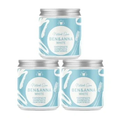 Abbildung von BEN &amp; ANNA WHITE Fluoridfreie natürliche Zahnpasta im Glas Aktivkohle Whitening, Vegan, Natürlicher Minz Geschmack in der Dose, Weiße Zähne 3er Pack