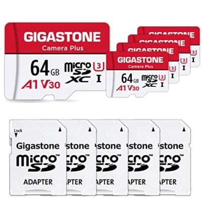 Abbildung von Gigastone Speicherkarte, 64 GB, 5 Karten, serielle Kamera, Geschwindigkeit bis zu 95 MB/s, ideal für Full HD Video GoPro Drohne U1 C10 Micro SDXC Karte mit Mini Hülle und SD Adapter.