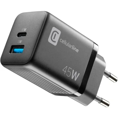 Abbildung von Cellularline Multipower Micro Netzladegerät Super Fast Charger 45W mit 2 USB C Anschlüssen ausgestattet Gan Technologie Kompatibel Smartphones, iPhone, Tablet, iPad, Laptop und MacBook