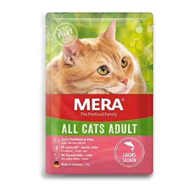 Abbildung von MERA Cats Adult Lachs (12x85g), Nassfutter für ausgewachsene Katzen, getreidefrei, Katzennassfutter mit hohem Fleischanteil