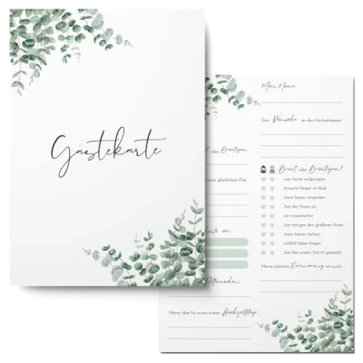 Abbildung von MAVANTO 50x Gästekarten Hochzeit zum Ausfüllen Wunderschöne Gästebuchkarten als Alternative Gästebuch (Eukalyptus)