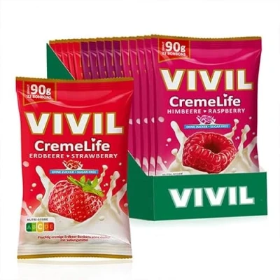 Abbildung von VIVIL Creme Life Fruchtmix, 5 Beutel, fruchtige Sahnebonbons mit Erdbeere, Himbeere und Kirsche, zuckerfrei &amp; glutenfrei, x 90g