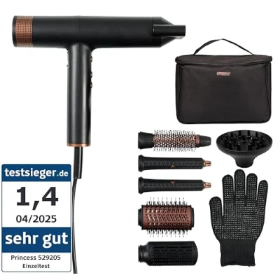 Abbildung von Princess Profi Airstyler, 7 in 1 Stylingtool, 3 Heiz &amp; Geschwindigkeitsstufen, Ionenfunktion, Coolshot, 1,8m Kabel, Reisetasche, Aufsätze, Hitzeschutzhandschuh, BLDC Motor, 2000 W, 01.529205.01.001