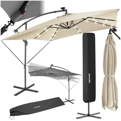 Abbildung von tectake Ampelschirm Sonnenschirm, geeignetes Set für Terrasse oder Garten, Parasol inkl. Schutzhülle und Solarpanel, 250 x cm mit LED Solar Beleuchtung