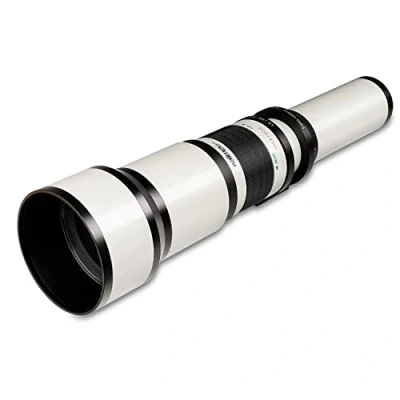 Abbildung von Walimex Pro 650 1300mm 1:8 16 DSLR Teleobjektiv für Canon RF Objektivbajonett weiß (manueller Fokus, Vollformat Sensor gerechnet, Filterdurchmesser 95mm, mit ausziehbarer Gegenlichtblende)
