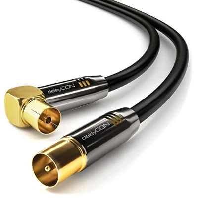 Abbildung von deleyCON 15m TV Antennenkabel HDTV Full HD 1x gewinkelt Koaxialkabel Stecker (gerade) zu Buchse (90 Grad) Metallstecker Schwarz