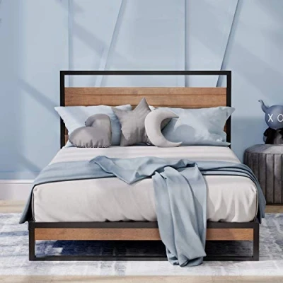 Abbildung von Zinus Suzanne Bett 100x200 cm Höhe 18 Metall und Holz Plattform Bettrahmen mit Lattenrost Braun Schwarz