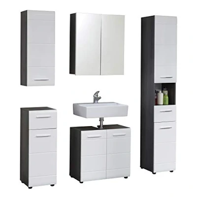 Abbildung von trendteam smart living 5 teilige Badezimmerkombination Badmöbel Badezimmer Line Aufbaumaß (BxHxT) 150 x 182 31 cm Farbe Sardegna Rauchsilber mit Weiß Hochglanz 189890503