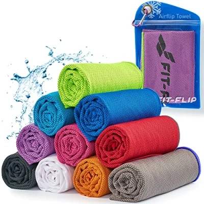 Abbildung von Fit Flip Airflip Kühltuch Ice Cooling Towel das kühlende mikrofaser Sporthandtuch für Nacken und Hals Kühlhandtuch Fitness Sport (Violet neon grüner Rand, 120x35cm)