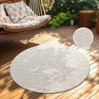 Abbildung von Paco Home Teppich In &amp; Outdoor, Moderne abstrakte Boho Designs mit 3D Struktur, robust wetterfest, ideal für Terrasse Wohnzimmer Küche, Grösse:160 cm Rund, Farbe:Grün 3