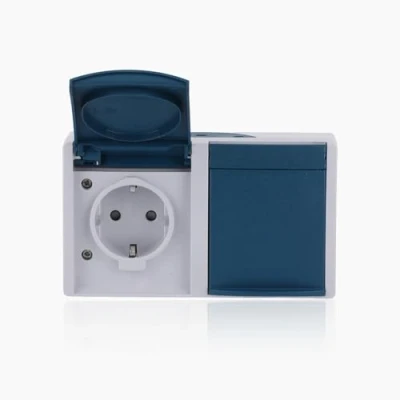 Abbildung von ABB Stikkontakt dobbelt Ocean IP44, vandret, med klaplåg og underlag grå/blågrøn, 16A 250V, Schuko/side jord pillesikring