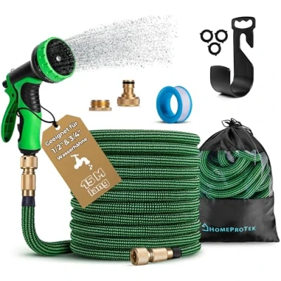 Abbildung von HOMEPROTEK Gartenschlauch Flexibel 15m Bewässerungsschlauch, Flexibler Wasserschlauch, Dehnbarer Flexschlauc mit 1/2 zoll und 3/4 Messingverschraubungen, 3 Fach Latex Balkonschlauch, Garden Hose