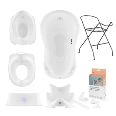 Abbildung von Hylat Baby Komplett Set: Stabile Babybadewanne mit Thermometer, Gestell, Badesitz und Abfluss, Kinder Toilettensitz, Babytopf, Kinderschemel ideale Lösung für die tolle Badeerlebnisse