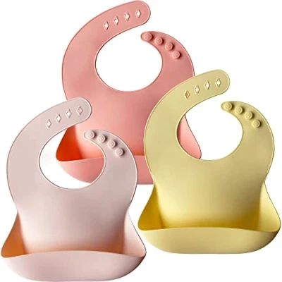 Abbildung von Moonkie Silikon Lätzchen Baby 3er Set, BPA frei Abwaschbar Wasserdicht Weich Langlebig Verstellbare für Babys und Kleinkinder (Pink/Pastel Yellow/Soft Pink)…