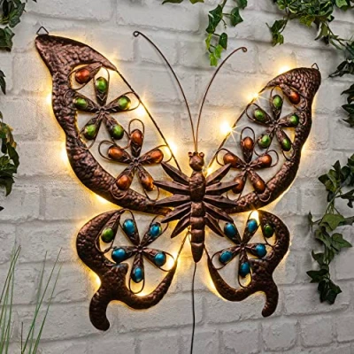 Abbildung von Haushalt International Wanddekoobjekt LED Solarbeleuchtung SCHMETTERLING Solar Wandleuchte Wandbild (1 St), schön designte Wanddeko aus Metall mit 24 warmweiße LEDs
