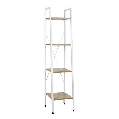 Abbildung von WOLTU Standregal Badregal Bücherregal Küchenregal Schuhregal aus Holz und Stahl, mit 4 Ablagen, ca. 34 x 35 148 cm, Weiß + Hell Eiche RGB9284whe
