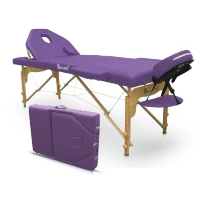 Abbildung von QUIRUMED Elite Klappmassageliege aus Holz, Farbe Lila, 194 x 70 cm, Kunstleder, tragbar, klappbare Rückenlehne, Abnehmbarer Kopf, Gesichtsloch, höhenverstellbar, bis zu 150 kg
