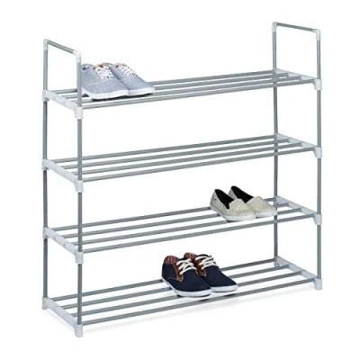 Abbildung von Relaxdays Schuhregal Stecksystem, 4 Ebenen, für 16 Paar Schuhe, HxBxT: 93 x 90 31 cm, Schuhständer Metall, silber/weiß