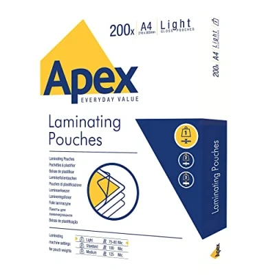 Abbildung von Fellowes Laminierfolien A4 APEX Glänzendes Endergebnis Heißlaminierfolien für Standard Anwendungen Großpackung/Vorteilspaket 200 Stück