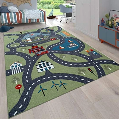 Abbildung von Paco Home Kinder Teppich Für Kinderzimmer, Spiel Mit Straßen Motiv rutschfest In Grün, Grösse:80x150 cm
