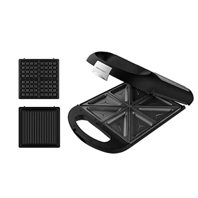 Abbildung von Cecotec Sandwichmaker Rock&#039;nToast Family 3in1. Für 4 Sandwiches in Edelstahlausführung, 1500 W Leistung, mit 3 antihaftbeschichteten und austauschbaren Platten.