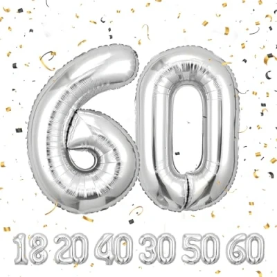 Abbildung von Geburtstag zahlen luftballon 60 jahre Folienballon Sliber in 40&quot; 101cm Geburtstagsdeko Ballon Zahl Deko zum fliegt mit Helium für Männer Frauen 60.Geburtstags