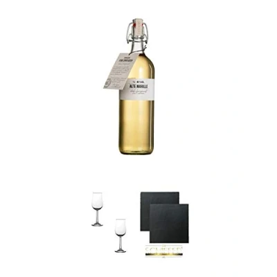 Abbildung von Birkenhof Alte Marille Edition Fasslagerung 1,0 Liter Deutschland + Nosing Gläser Kelchglas Bugatti mit Eichstrich 2cl und 4cl 2 Stück Schiefer Glasuntersetzer eckig ca. 9,5 cm Ø