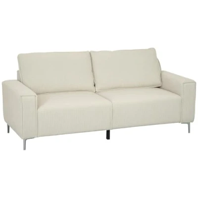 Abbildung von HOMCOM 3 Sitzer Sofa, Couch mit Armlehnen, Rückenkissen, Wohnzimmersofa Cordbezug, Federkern, Dick Gepolstert Polstersofa für Wohnzimmer, Schlafzimmer 193 x 77 80 cm, Cremeweiß
