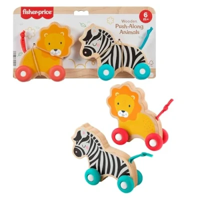Abbildung von Fisher Price Holz Schiebetierchen Spielzeug für Babys, Set aus 2 mit Silikonrädern zum Spielen beim Krabbeln Kleinkinder ab 6 Monaten, JFN19